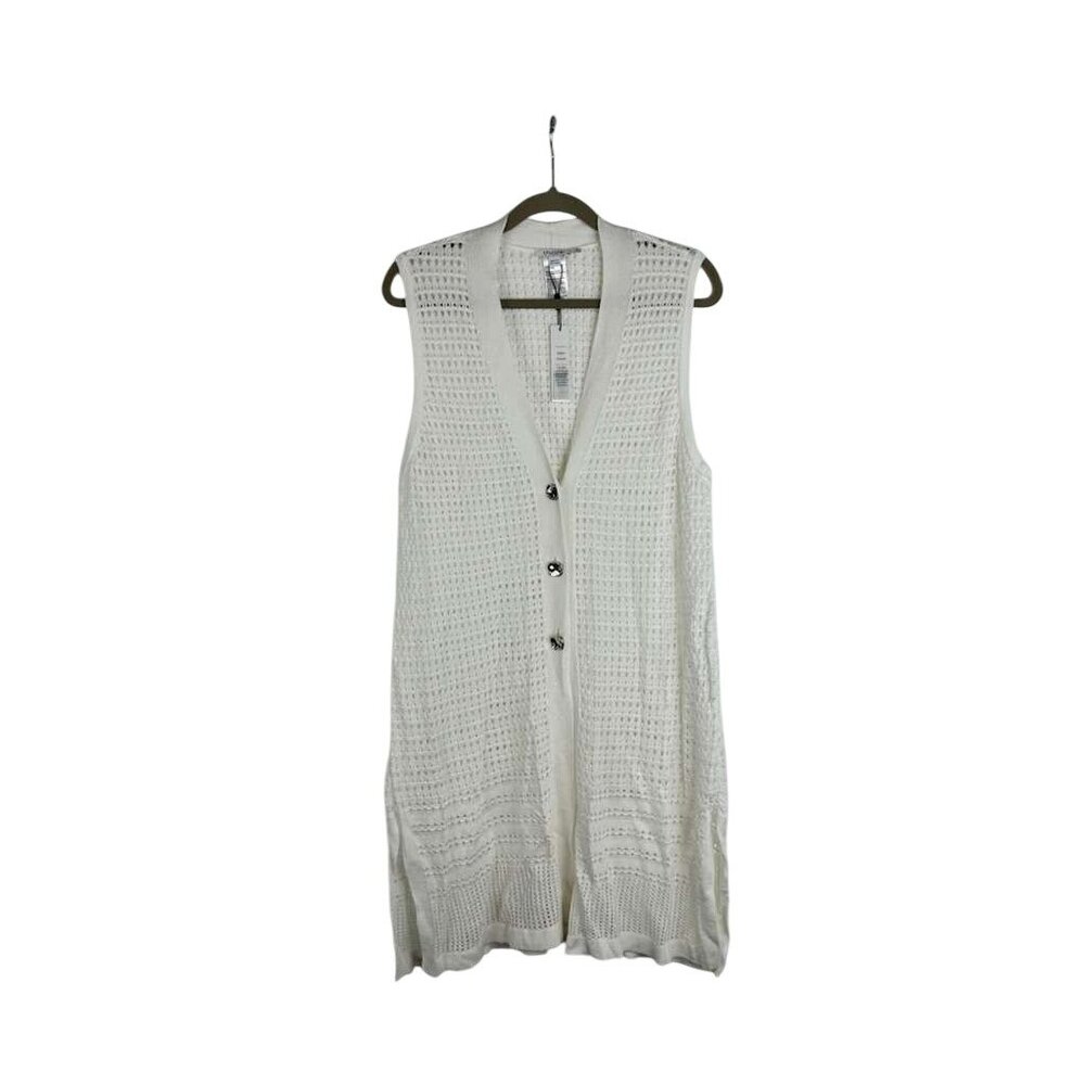 NWT Chico's Women's Vest Size 2 Ivory Crochet Cotton Blend Buttons Front